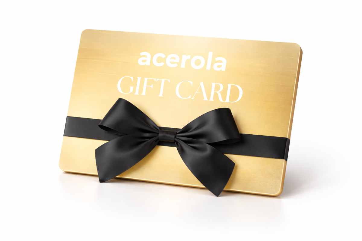 Gold gift card with a black bow on a white background, featuring the brand 'acerola'.